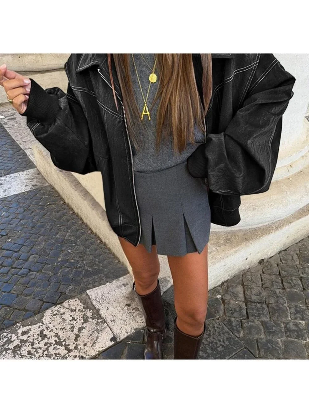 Women's Black Faux Leather Motorcycle Jacket Oversized Zip Up Loose Winter Coat